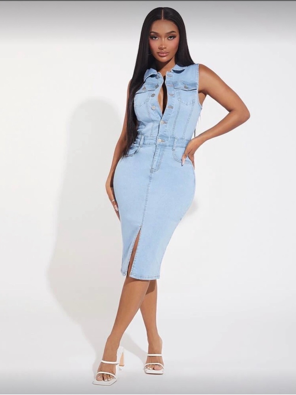 Light Blue Denim Midi front button Dress with Front Slit *NEW